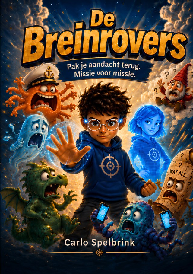 Omslag van De Breinrovers: een kind met een ronde bril houdt zes cartoonachtige schurken tegen.