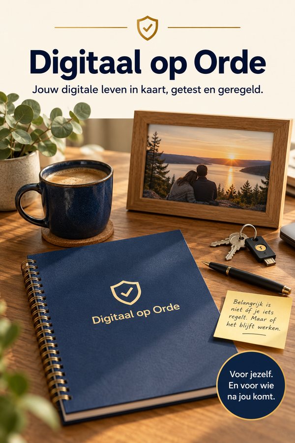 Digitaal op Orde: een werkboek op tafel naast een kop koffie, sleutels en een fotolijst.