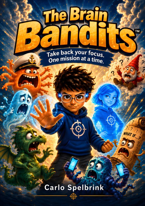Cover of The Brain Bandits: a boy with round glasses holds up his hand against six cartoon villains.