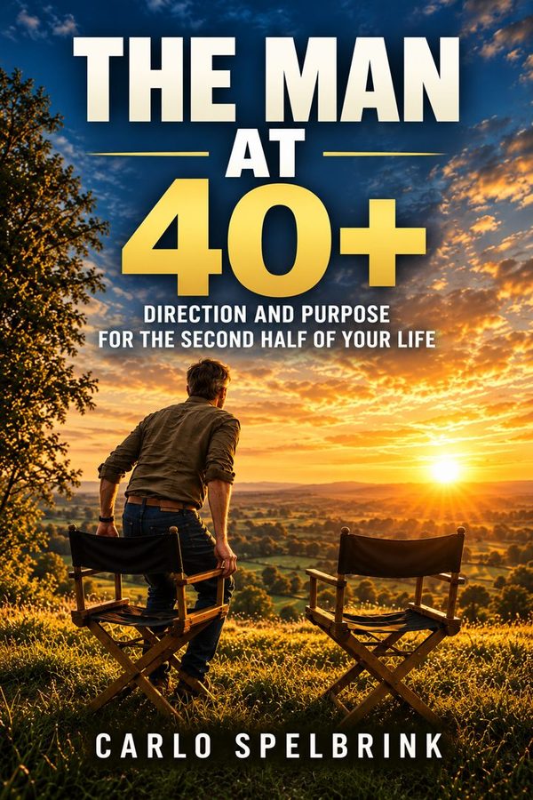 Cover of The Man at 40+: a man at sunset beside two empty director's chairs.