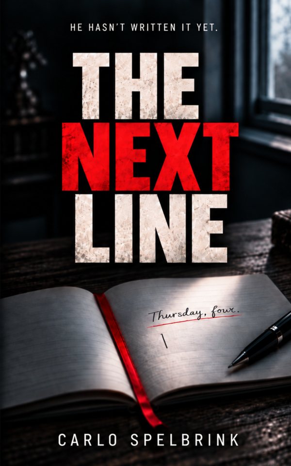 Cover of The Next Line: red title above an open notebook with a fountain pen.