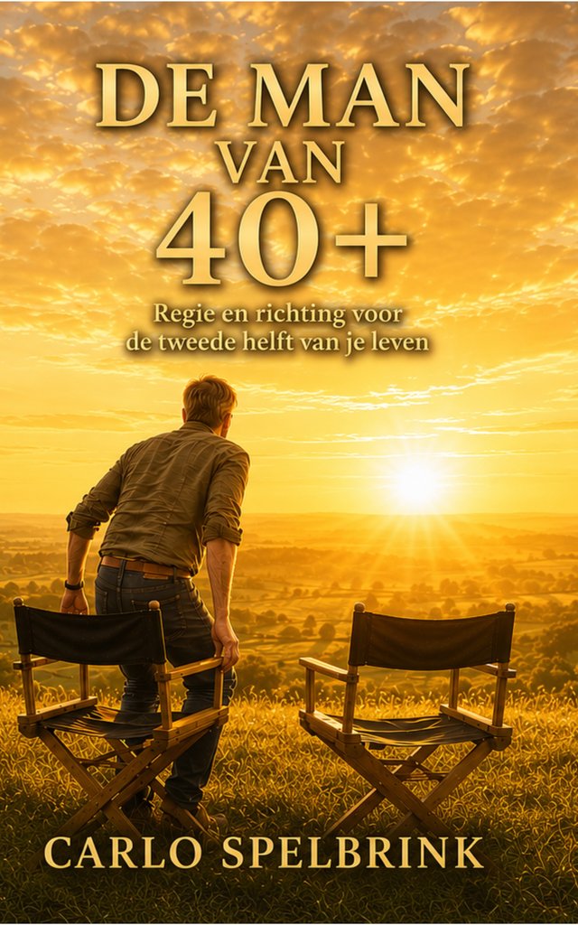Omslag van De Man van 40+: een man bij zonsondergang naast twee lege regisseursstoelen.